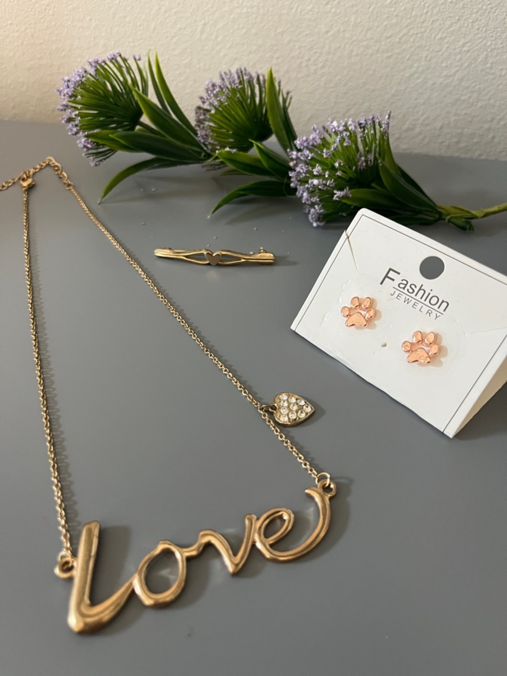 Jewelry Trio Rose Gold-tone 'Love' Script Necklace/ Paw Studs/Heart Brooch